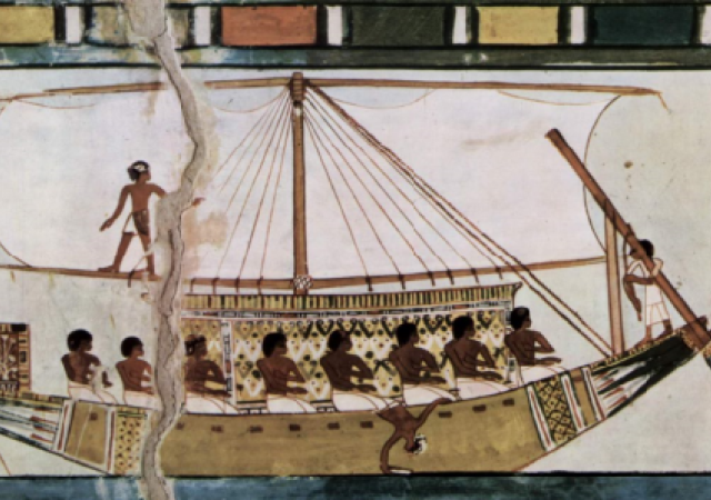  (Ägyptisches Segelschiff (Wandbild um 1422–1411 v. Chr.)  